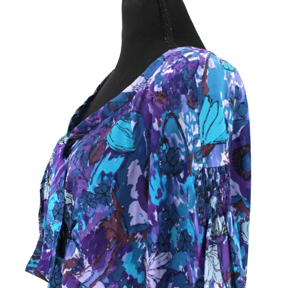 Rebecca Taylor Silk Blue Purple Abstract Floral Print Blouse 8 Tie Neckline Top